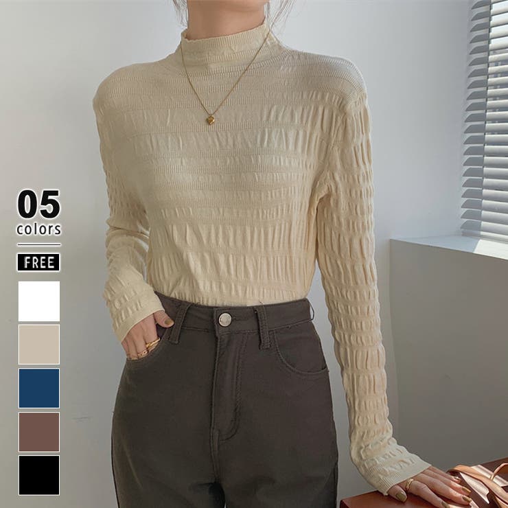 ベージュ | ギャザーニット ハイネック シャーリングニット | COCOMOMO