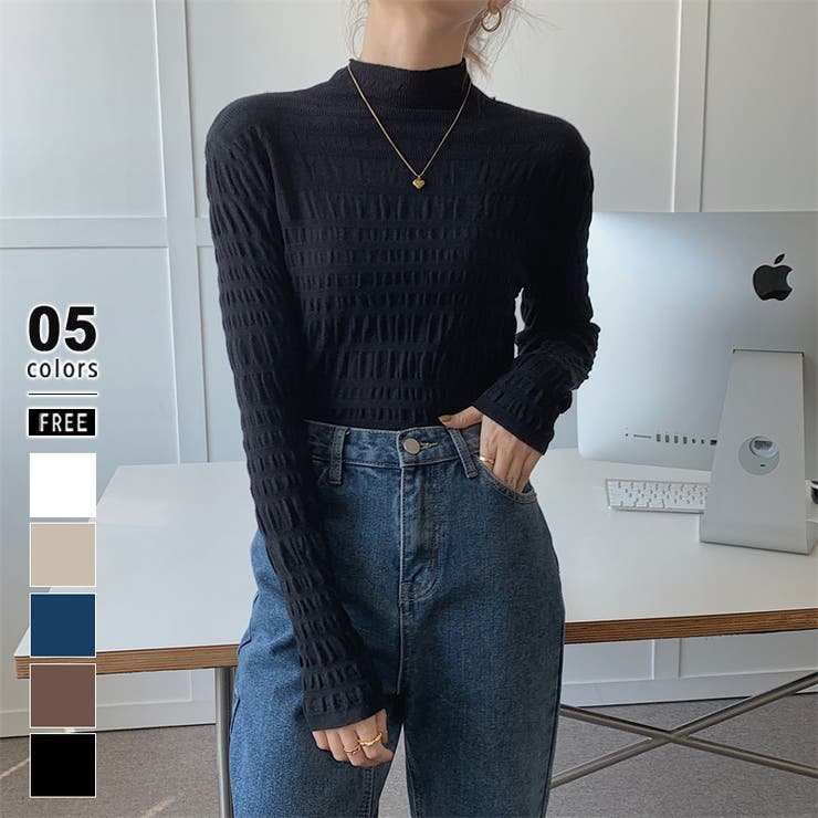 ブラック | ギャザーニット ハイネック シャーリングニット | COCOMOMO