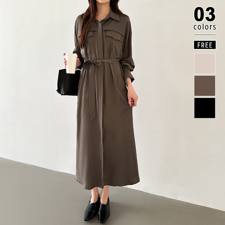 ブラウン | シャツワンピース きれいめワンピース オフィスカジュアル | COCOMOMO