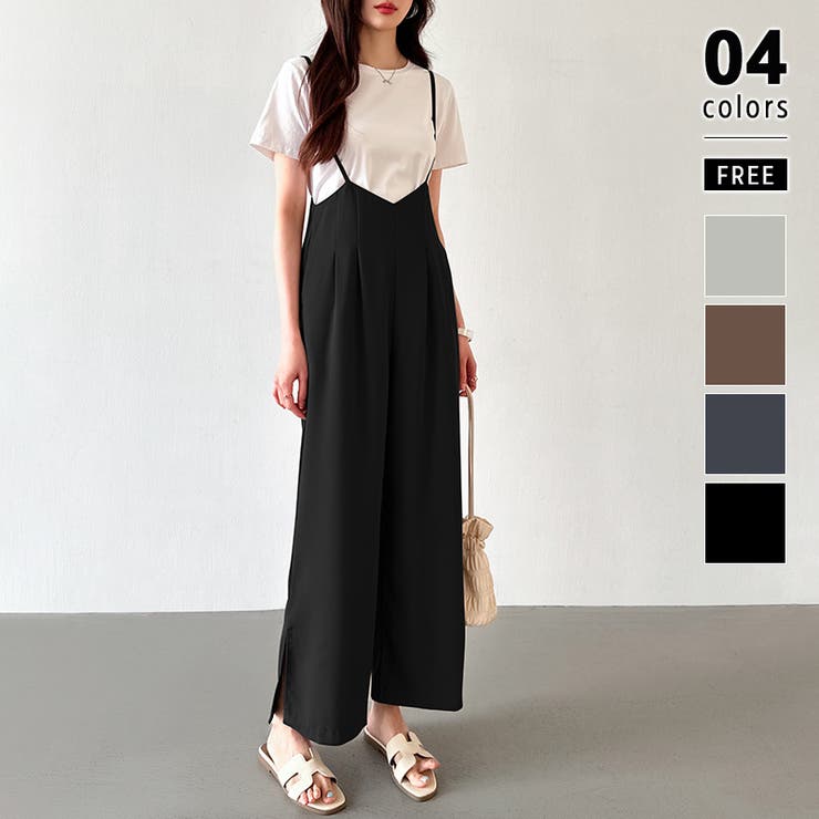 ブラック | サロペットパンツ サイドスリット ワイドパンツ | COCOMOMO