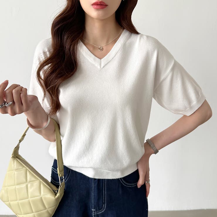 vネックニット 半袖ニット オフィスカジュアル | COCOMOMO | 詳細画像10 