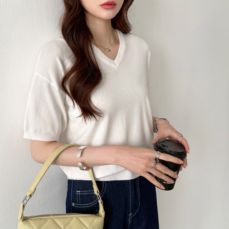 vネックニット 半袖ニット オフィスカジュアル | COCOMOMO | 詳細画像11 