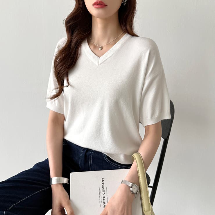 vネックニット 半袖ニット オフィスカジュアル | COCOMOMO | 詳細画像14 