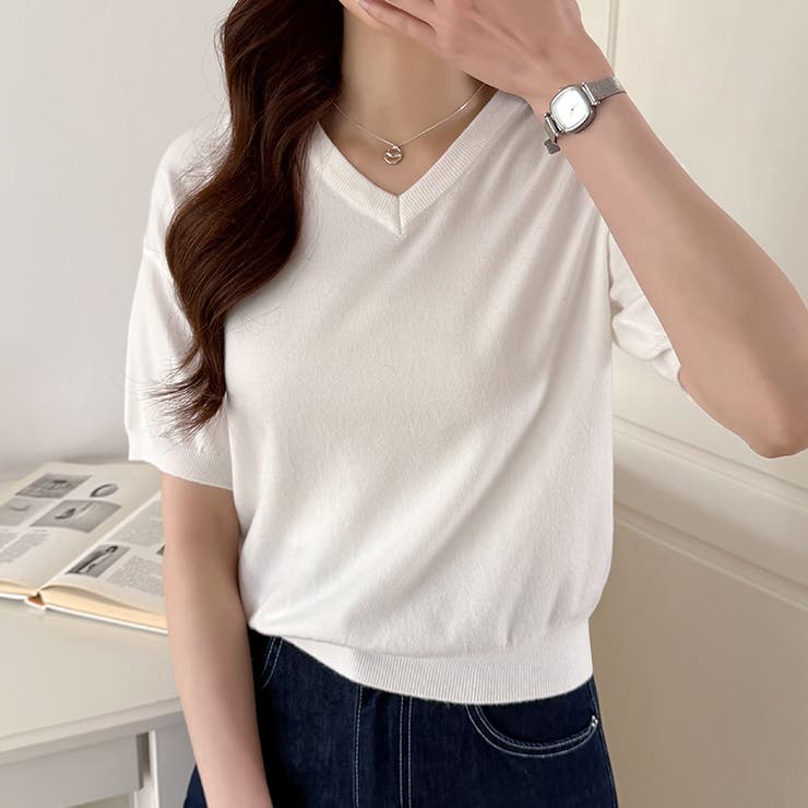 vネックニット 半袖ニット オフィスカジュアル | COCOMOMO | 詳細画像15 