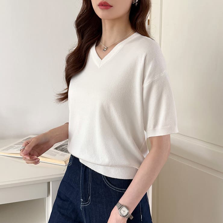 vネックニット 半袖ニット オフィスカジュアル | COCOMOMO | 詳細画像16 