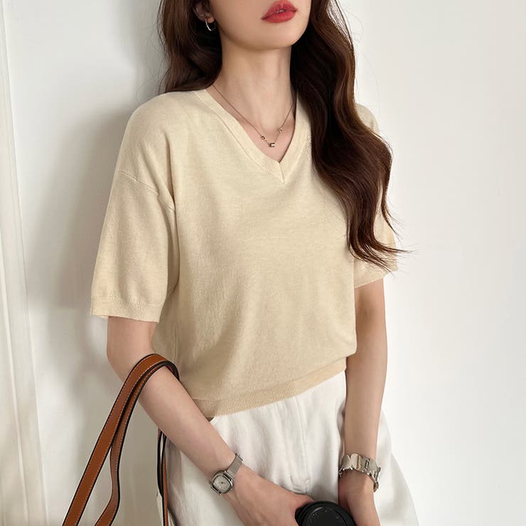 vネックニット 半袖ニット オフィスカジュアル | COCOMOMO | 詳細画像18 