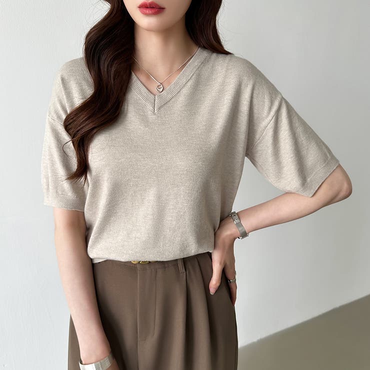 vネックニット 半袖ニット オフィスカジュアル | COCOMOMO | 詳細画像2 