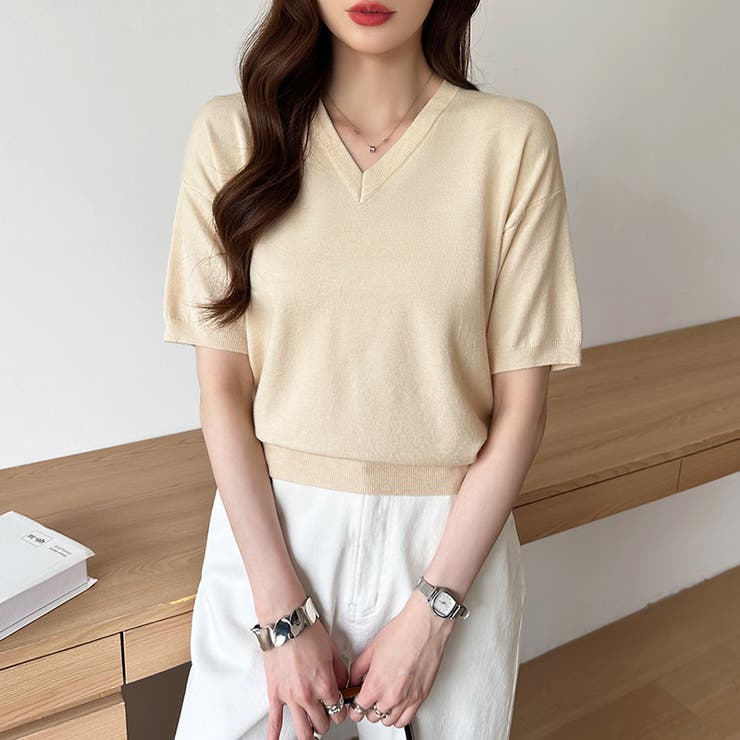 vネックニット 半袖ニット オフィスカジュアル | COCOMOMO | 詳細画像21 