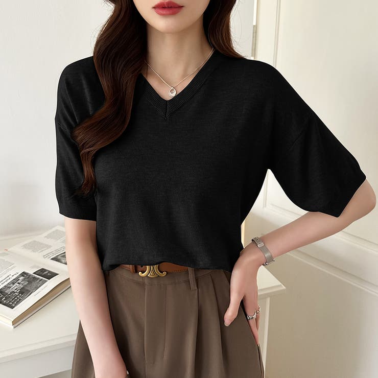 vネックニット 半袖ニット オフィスカジュアル | COCOMOMO | 詳細画像24 