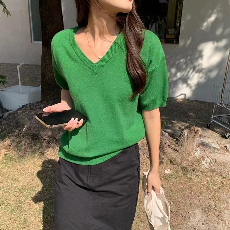 vネックニット 半袖ニット オフィスカジュアル | COCOMOMO | 詳細画像36 