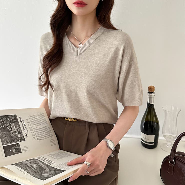 vネックニット 半袖ニット オフィスカジュアル | COCOMOMO | 詳細画像4 