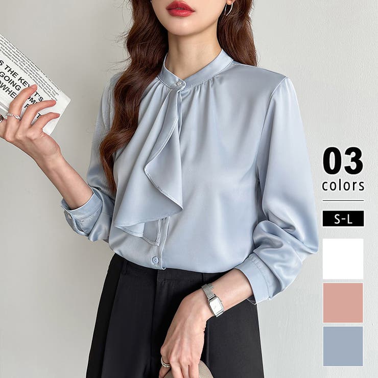 ブルー | ボウタイブラウス スカーフタイブラウス オフィスカジュアル | COCOMOMO