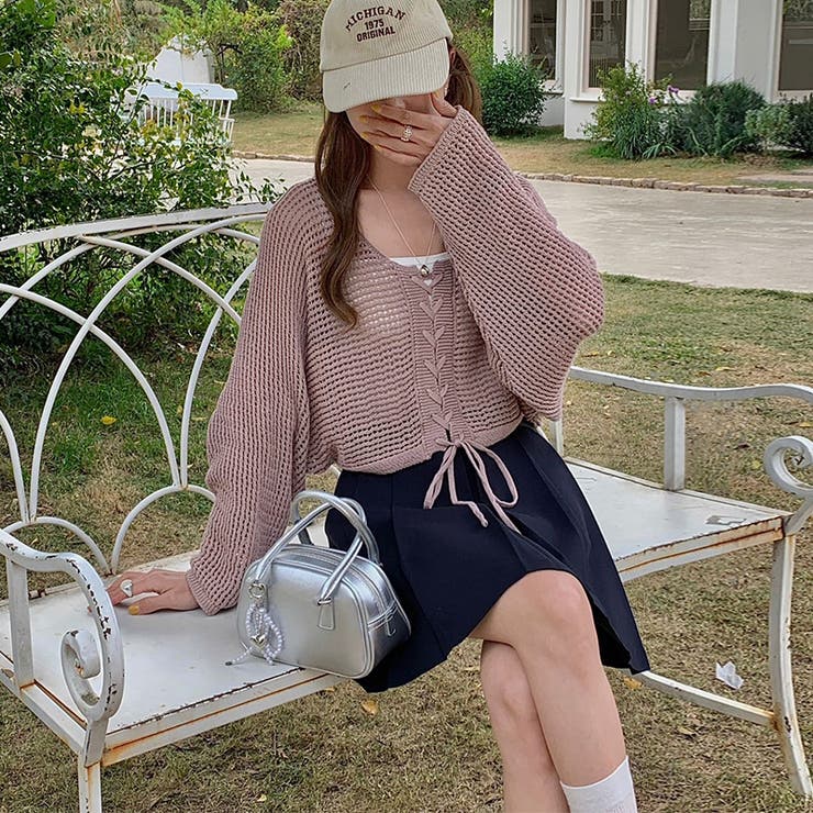 ざっくり透かし編み メッシュトップス レースアップショートカーディガン | COCOMOMO | 詳細画像10 