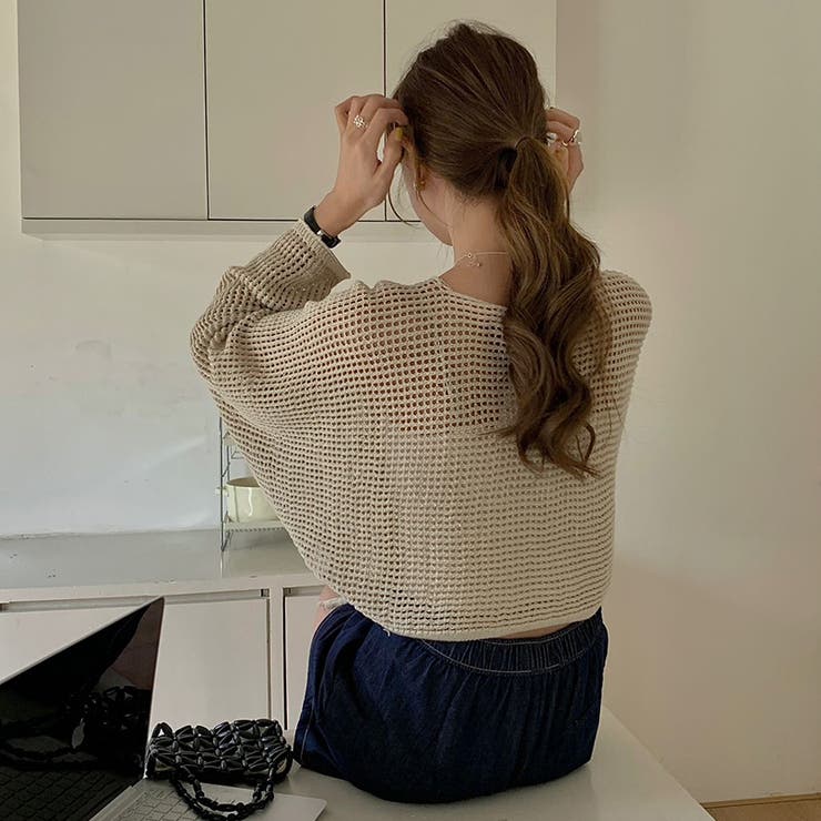 ざっくり透かし編み メッシュトップス レースアップショートカーディガン | COCOMOMO | 詳細画像15 