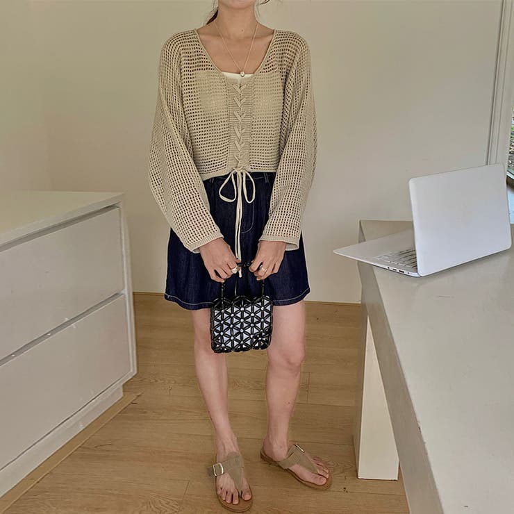 ざっくり透かし編み メッシュトップス レースアップショートカーディガン | COCOMOMO | 詳細画像16 