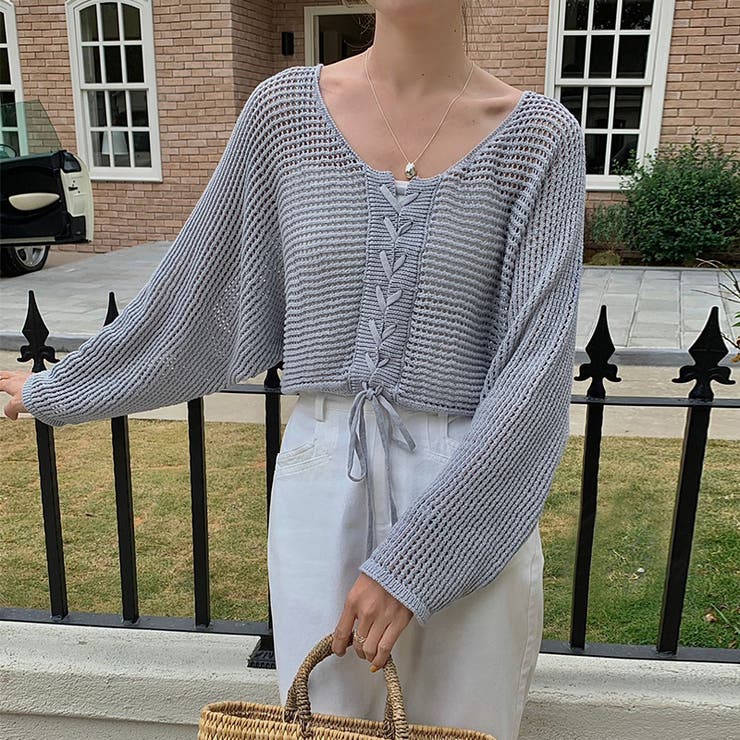 ざっくり透かし編み メッシュトップス レースアップショートカーディガン | COCOMOMO | 詳細画像17 