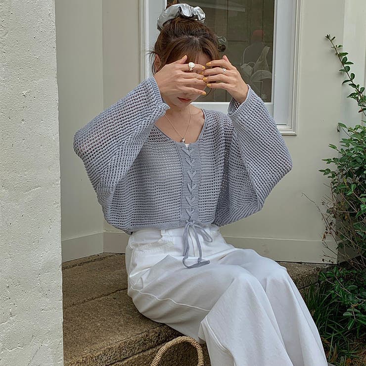 ざっくり透かし編み メッシュトップス レースアップショートカーディガン | COCOMOMO | 詳細画像19 