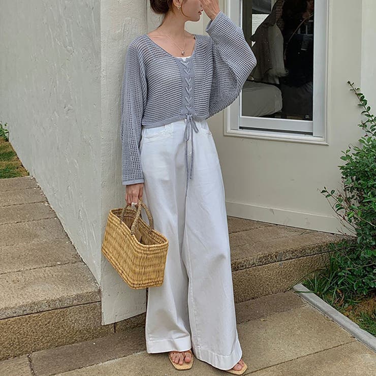 ざっくり透かし編み メッシュトップス レースアップショートカーディガン | COCOMOMO | 詳細画像21 