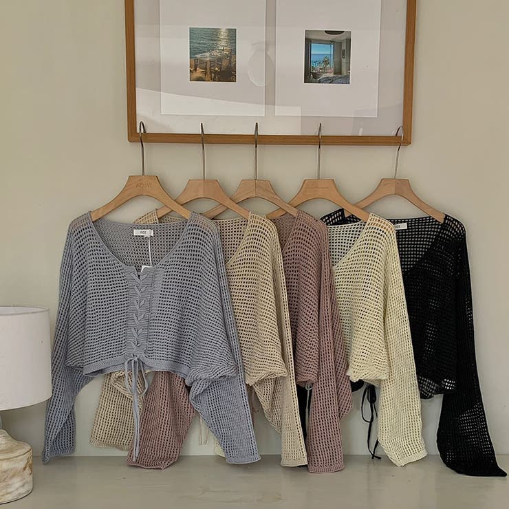 ざっくり透かし編み メッシュトップス レースアップショートカーディガン | COCOMOMO | 詳細画像23 