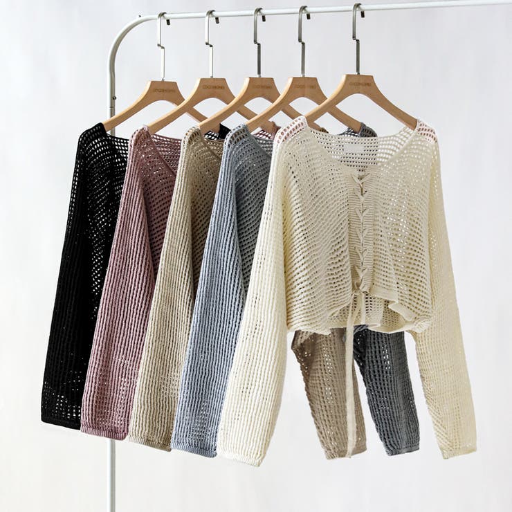 ざっくり透かし編み メッシュトップス レースアップショートカーディガン | COCOMOMO | 詳細画像24 