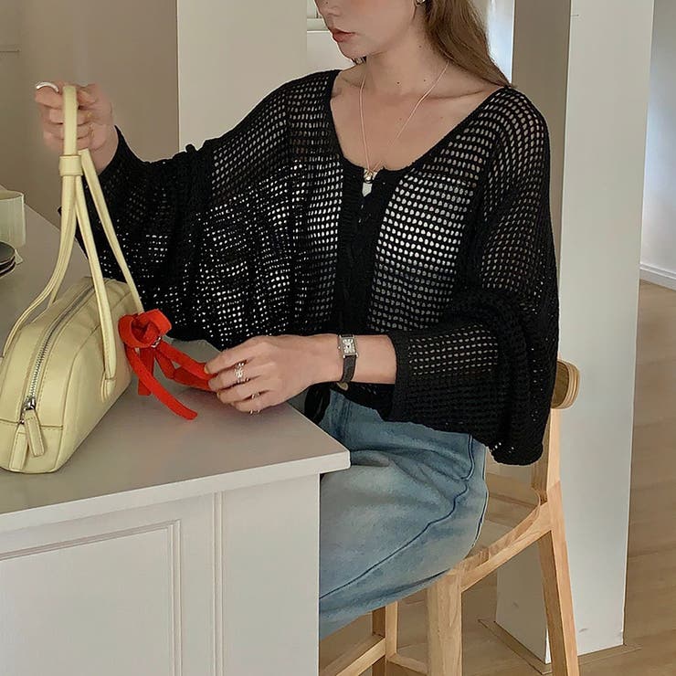 ざっくり透かし編み メッシュトップス レースアップショートカーディガン | COCOMOMO | 詳細画像2 