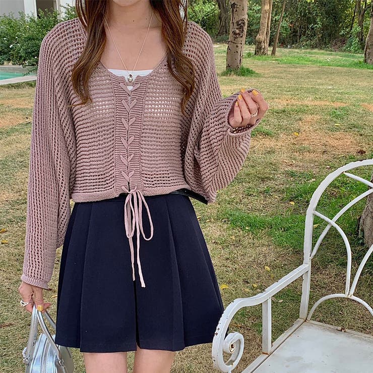 ざっくり透かし編み メッシュトップス レースアップショートカーディガン | COCOMOMO | 詳細画像8 