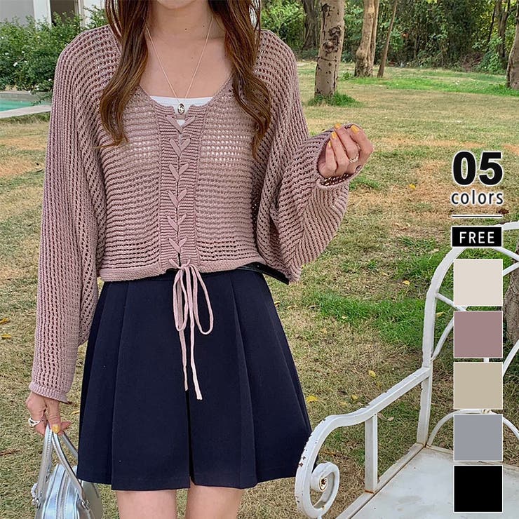 グレージュ | ざっくり透かし編み メッシュトップス レースアップショートカーディガン | COCOMOMO