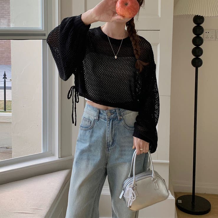 透かし編みショートニット メッシュトップス ボリューム袖 | COCOMOMO | 詳細画像15 