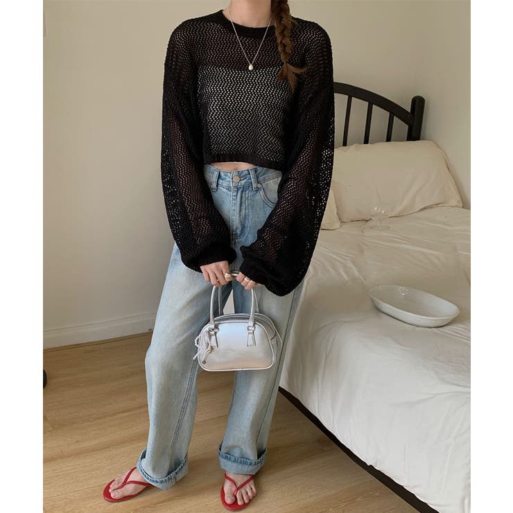 透かし編みショートニット メッシュトップス ボリューム袖 | COCOMOMO | 詳細画像16 