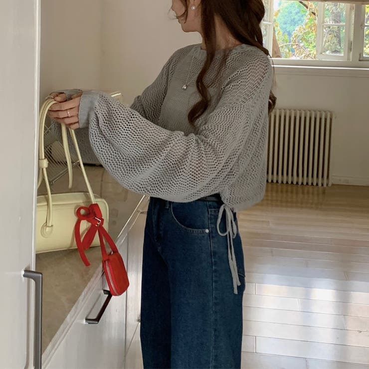 透かし編みショートニット メッシュトップス ボリューム袖 | COCOMOMO | 詳細画像18 