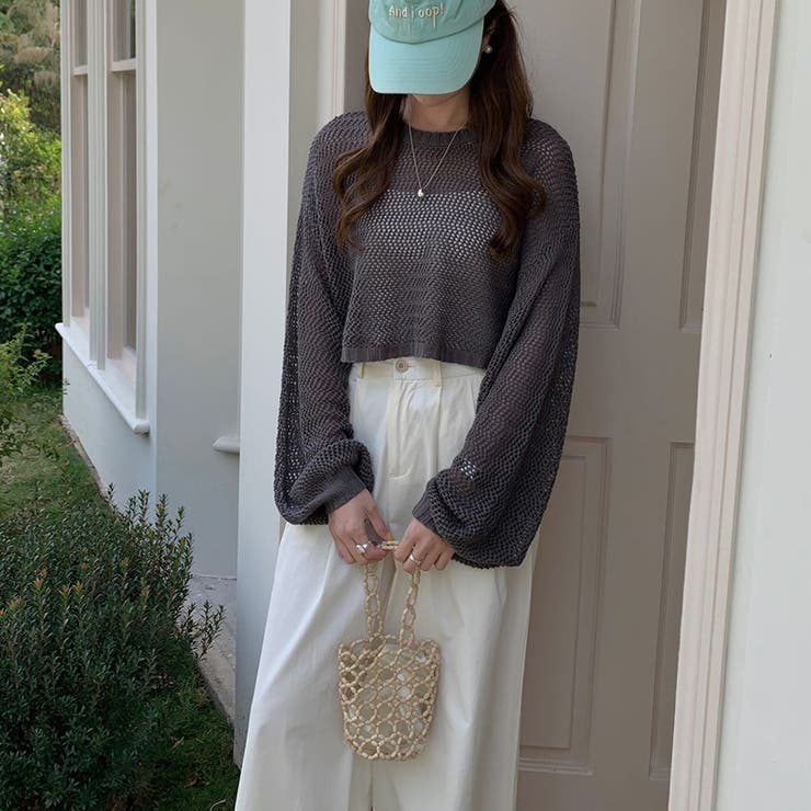 透かし編みショートニット メッシュトップス ボリューム袖[品番