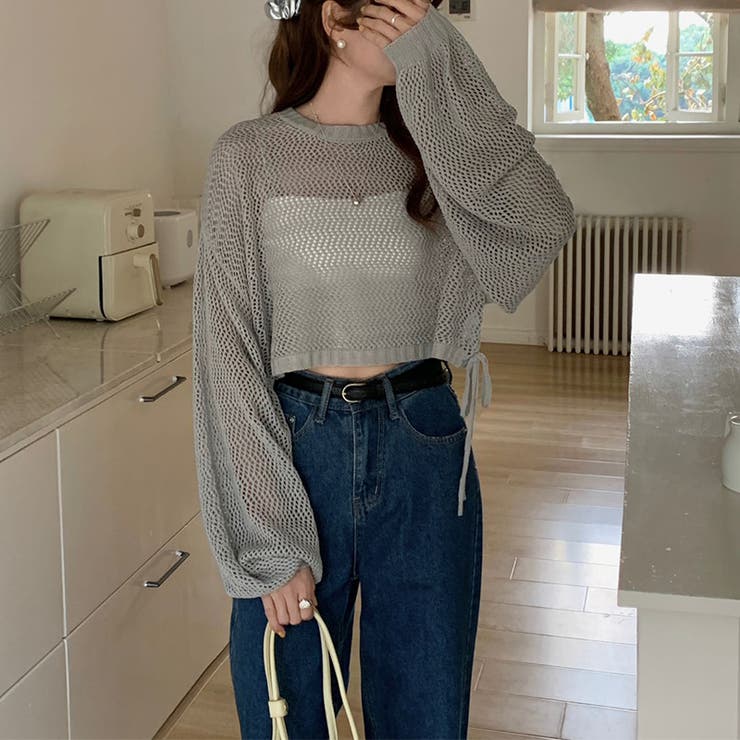 透かし編みショートニット メッシュトップス ボリューム袖 | COCOMOMO | 詳細画像19 