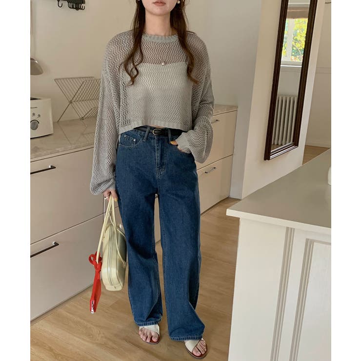 透かし編みショートニット メッシュトップス ボリューム袖 | COCOMOMO | 詳細画像21 