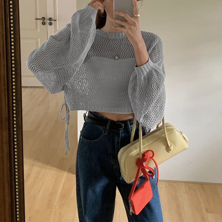 透かし編みショートニット メッシュトップス ボリューム袖 | COCOMOMO | 詳細画像22 