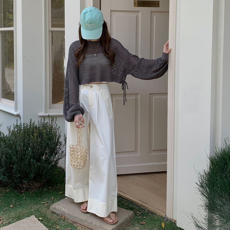 透かし編みショートニット メッシュトップス ボリューム袖 | COCOMOMO | 詳細画像3 