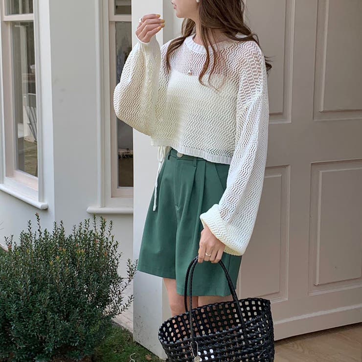 透かし編みショートニット メッシュトップス ボリューム袖 | COCOMOMO | 詳細画像5 