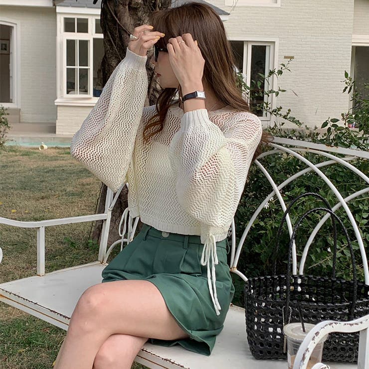 透かし編みショートニット メッシュトップス ボリューム袖 | COCOMOMO | 詳細画像6 