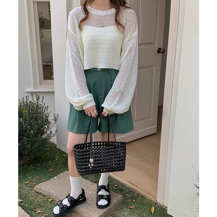 透かし編みショートニット メッシュトップス ボリューム袖 | COCOMOMO | 詳細画像7 