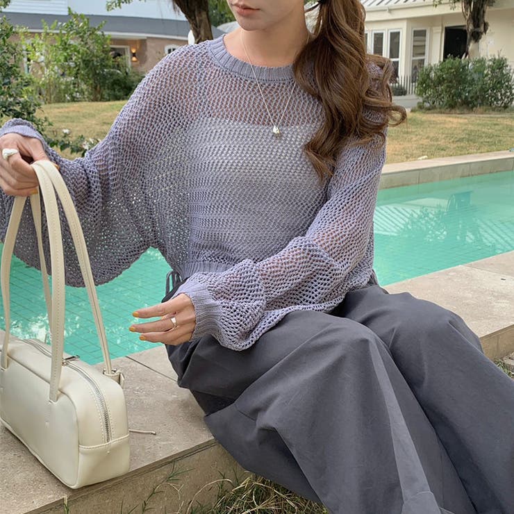 透かし編みショートニット メッシュトップス ボリューム袖 | COCOMOMO | 詳細画像8 