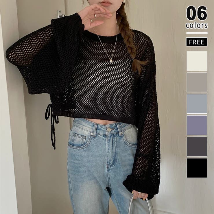 ブラック | 透かし編みショートニット メッシュトップス ボリューム袖 | COCOMOMO