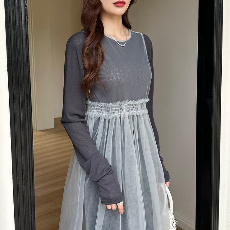 チュールワンピース レイヤードシアーワンピース ロングワンピース | COCOMOMO | 詳細画像13 