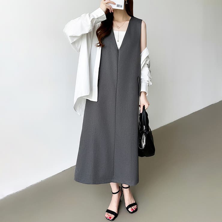 きれいめカジュアルにも使いやすい ジャンパースカート Vネックワンピース | COCOMOMO | 詳細画像21 