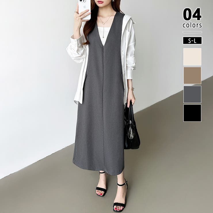 ダークグレー | きれいめカジュアルにも使いやすい ジャンパースカート Vネックワンピース | COCOMOMO