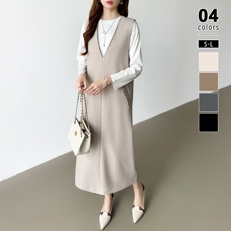 ベージュ | きれいめカジュアルにも使いやすい ジャンパースカート Vネックワンピース | COCOMOMO