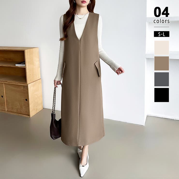 ブラウン | きれいめカジュアルにも使いやすい ジャンパースカート Vネックワンピース | COCOMOMO