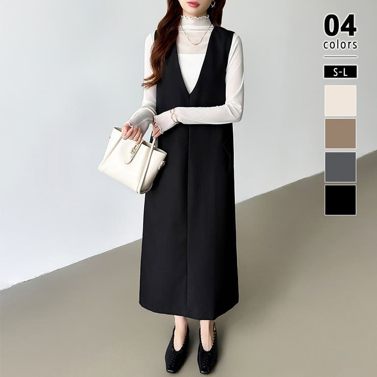 ブラック | きれいめカジュアルにも使いやすい ジャンパースカート Vネックワンピース | COCOMOMO