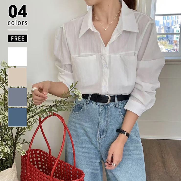 ホワイト | ショートシャツ 長袖シャツ 韓国ファッション | COCOMOMO