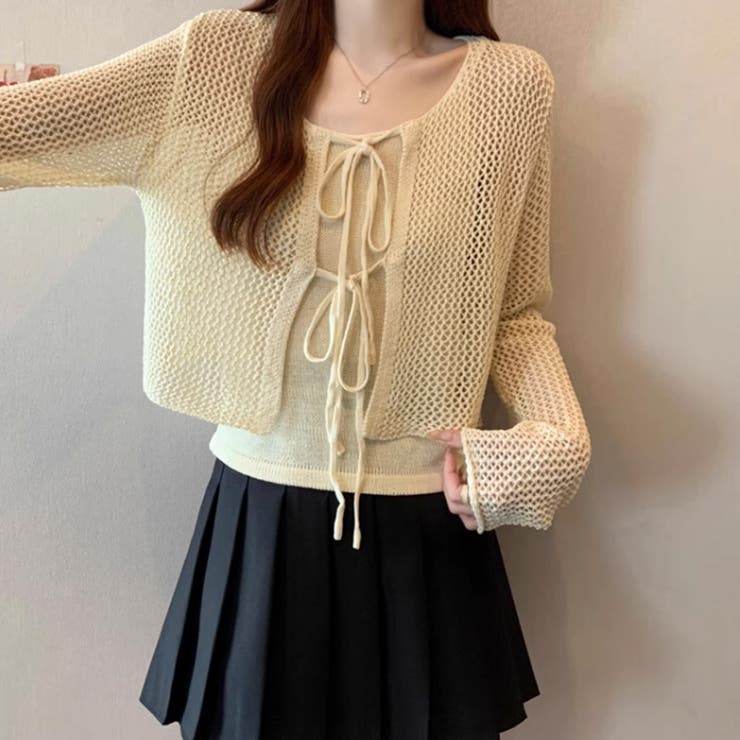 透かし編みカーディガン キャミソールセット メッシュニット | COCOMOMO | 詳細画像10 