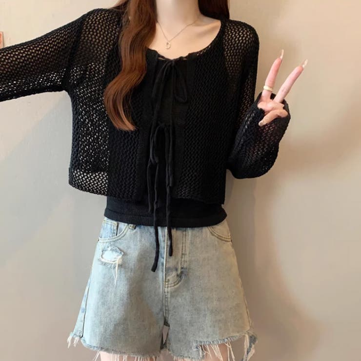 透かし編みカーディガン キャミソールセット メッシュニット | COCOMOMO | 詳細画像14 