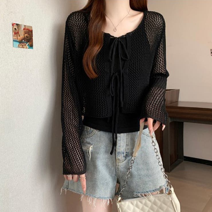 透かし編みカーディガン キャミソールセット メッシュニット | COCOMOMO | 詳細画像16 